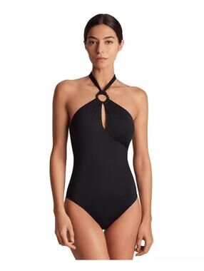 130$ Lauren Ralph Lauren Macrame-Ring High-Neck One-Piece Swimsuit Size 14 Black